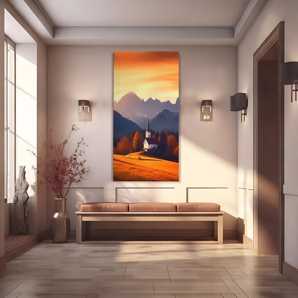 Tablou canvas cu tablou canvas cu biserica la apus, fara rama, pe sasiu de lemn